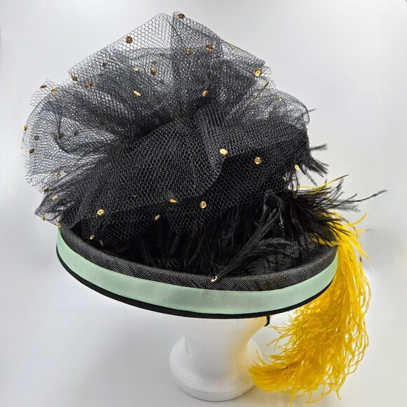Vintage Hat With Feathers And Flowers Black Yellow Costume Halloween Fancy Read - Picture 6 of 11